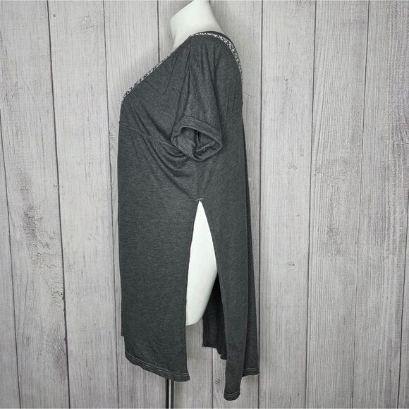 Cruel Denim Charcoal Gray Deep V Side Slit Tunic Top L/XL Southwest Trim Boho - Picture 3 of 4